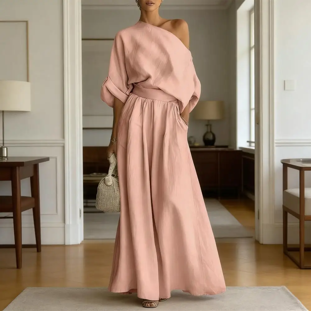 

Женский комплект из блузки и брюк: элегантный европейский и американский стиль, топ с асимметричным вырезом и зауженной талией, брюки, летний комплект из двух предметов.