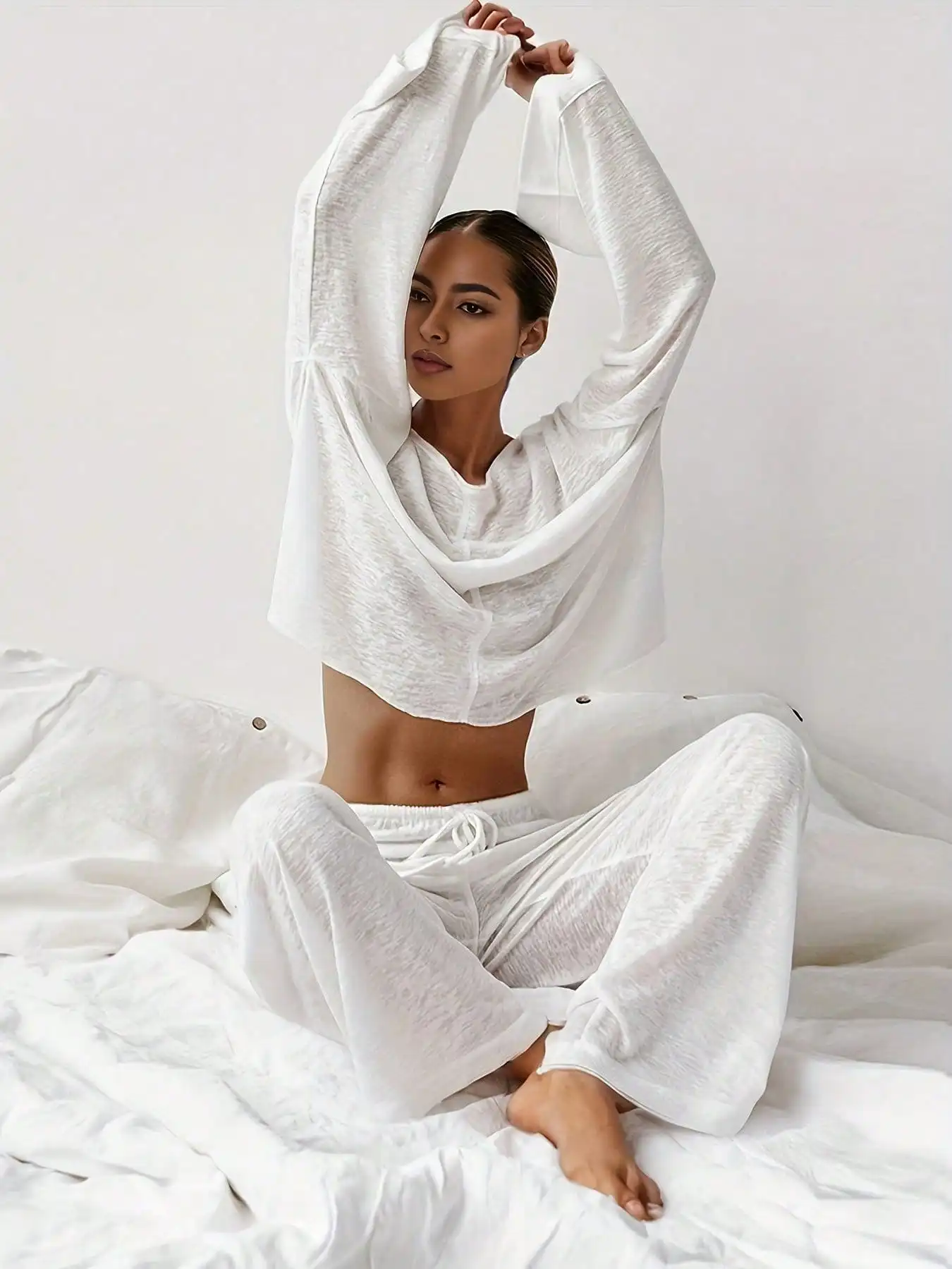 2pcs Women's Sheer Lightweight Sleepwear Set - Round Neck Long Sleeve + Straight Leg Pants, Home/Outdoor