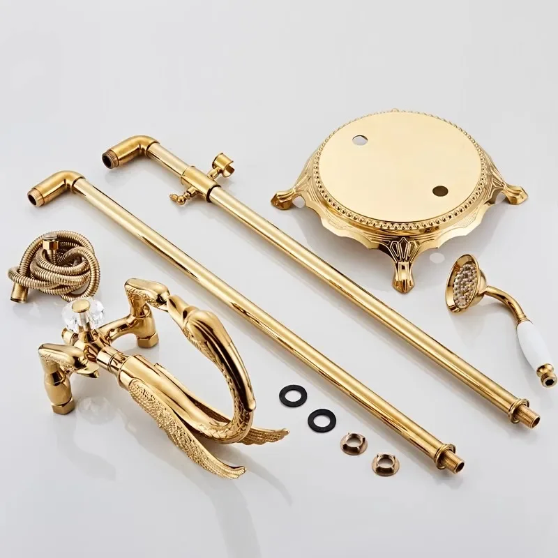  Gold Floor Stand Swan Bathtub Faucet  Brass Bathtub Mixer 360 Degree Rotation Spout with Handshower Head Bath Mixer Shower