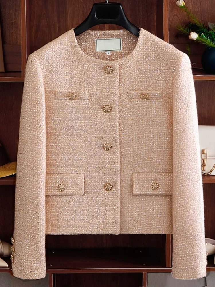 

High Quality Luxury Small Fragrance Tweed Jacket Women High-end Sequins Slim Woolen Coat Korean Fashion Outwear Jaqueta Feminina