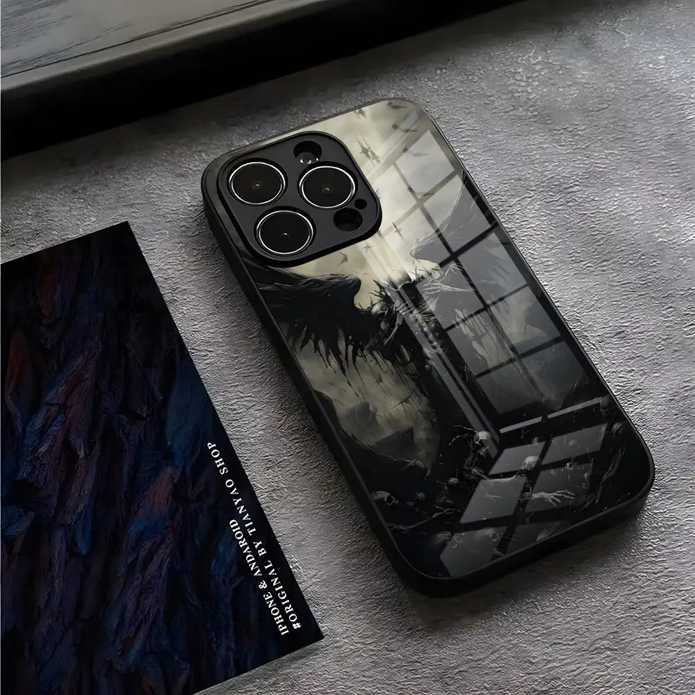 Black Angel Death demon Phone Case for iPhone 15 Pro Max 14 Pro 12 11 13 Mini X XR XS 8 7 Plus SE Tempered Glass Back Cover