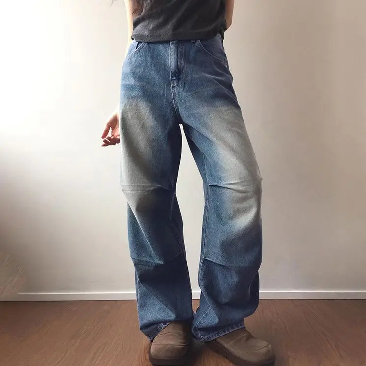 Jeans Pleated Washed Low-Waist Blue American Retro 2024 New Women'S Loose Slimming Street Mopping Pants