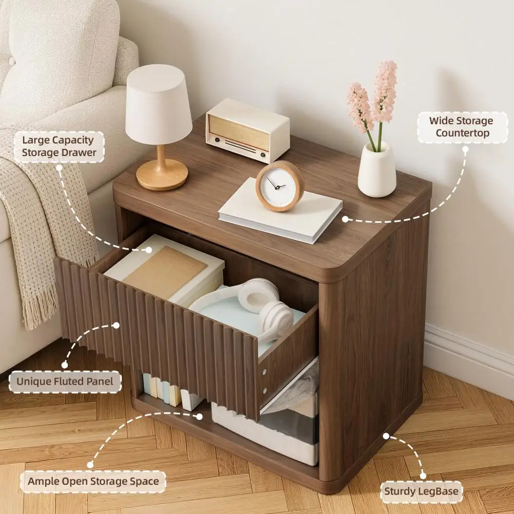Modern Fluted Nightstand with Drawer & Open Storage, Round Corner Bedside Side Table for Bedroom Small Living Room Spaces