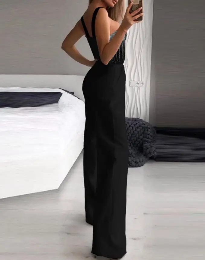 Elegant Party Jumpsuit for Women 2022 Summer Fashion Multi Strap Sleeveless Rhinestone Bootcut Round Neck Jumpsuit Office Ladies