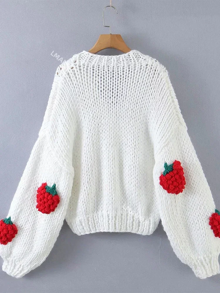 Strawberry Printed Crochet Cardigans Women Winter Korean Style Loose Knitting Sweater Female Fashion Casual V Neck Cardigan Tops