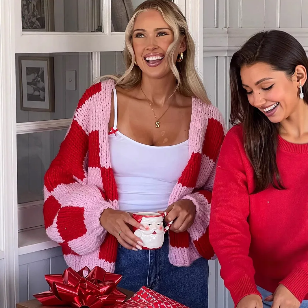 Frauen Stricken Pullover Plaid Strickjacke Lose Volle Hülse Gespleißt Jumper V-ausschnitt Lässig Elegante Mantel Gestrickte Outwear Herbst 2025