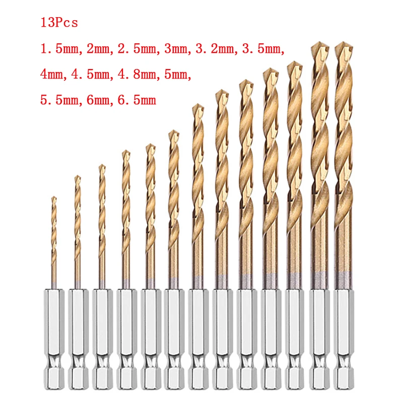 

13Pcs 6.35mm 1/4 Hex Shank 1.5-6.5mm Drill Bits High Speed Steel HSS Titanium Coated Drill Bit Set Power Tools Accessories