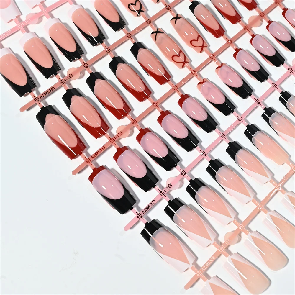 120 Stück mittelgroße quadratische French-Press-On-Nägel, schwarz-rot, mit Herzlinien, künstliche Nagelspitzen, schicker minimalistischer Stil, wiederverwendbare künstliche Fingertips – Detail 4
