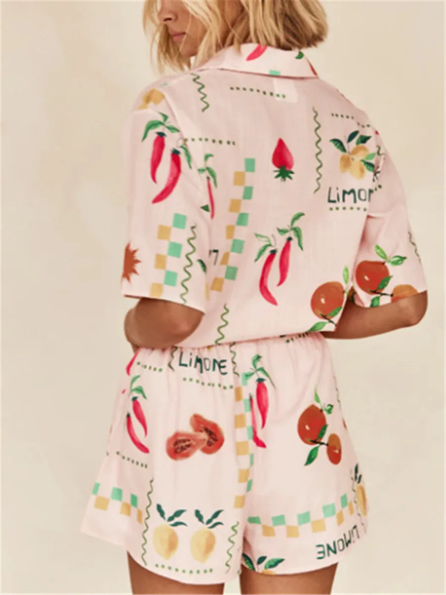 Women 2 Pieces Short Sets Summer Fruits Vegetable Prints Lapel Buttons Short Sleeve Tops +Shorts Pajamas Casual Comfy Loungewear