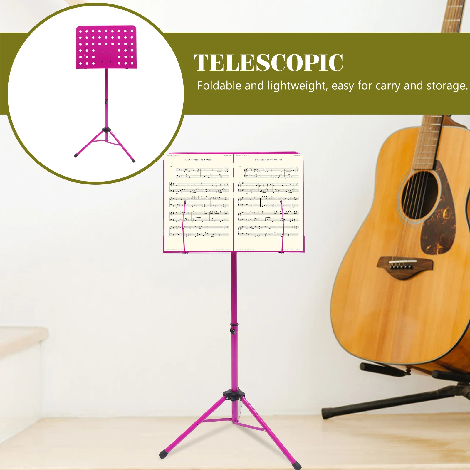 

Folding Music Stand Tripod Pink Aluminum Portable Lightweight Storage Sheet Holder Adjustable Height Angle Guitar