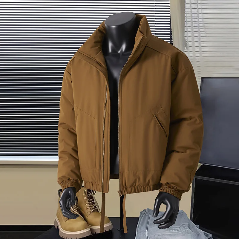 Men's Thick Warm Cotton-Padded Jacket Stand-Up Collar Loose Solid Color Casual Winter Outerwear Fashionable Streetwear