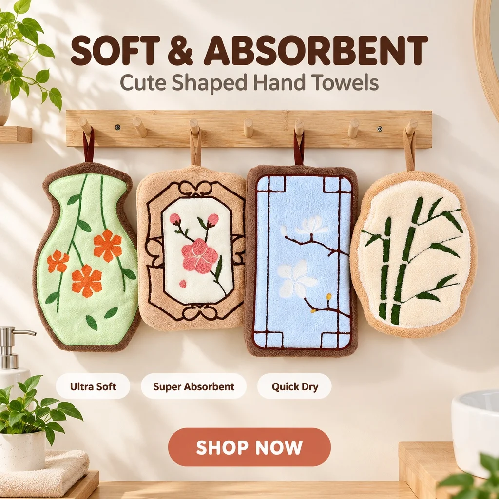 Chinese Style Soft Coral Fleece Hanging Hand Towel Absorbent Floral And Bamboo Pattern Oriental Bathroom Kitchen Towel