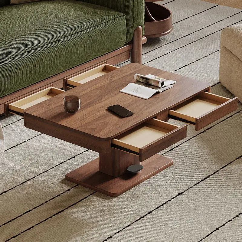 Solid wood lifting coffee table, dining table, dual-purpose living room, home small apartment, walnut color multi-functional cof