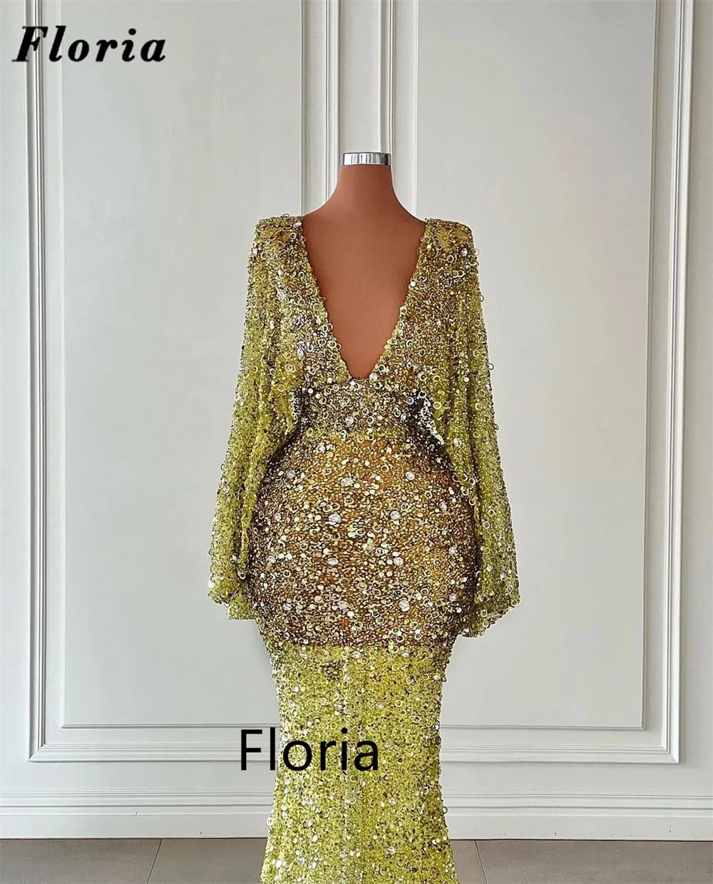 Floria Arabic Long Sequins Prom Dresses Dubai Design V Neck Long Sleeves Party Night For Weddings Robes Du Soir Evening Dresses