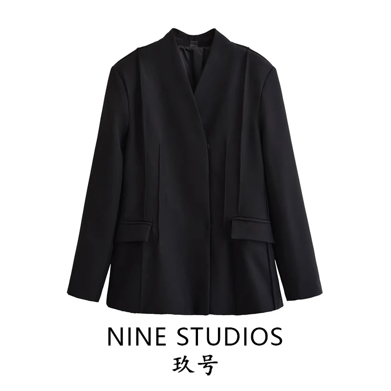 NINE ZAR Women's Slim Fit Long Sleeve V-Neck Color Pleated Jacket Suit Top Winter Fashion Ladies Premium Quality