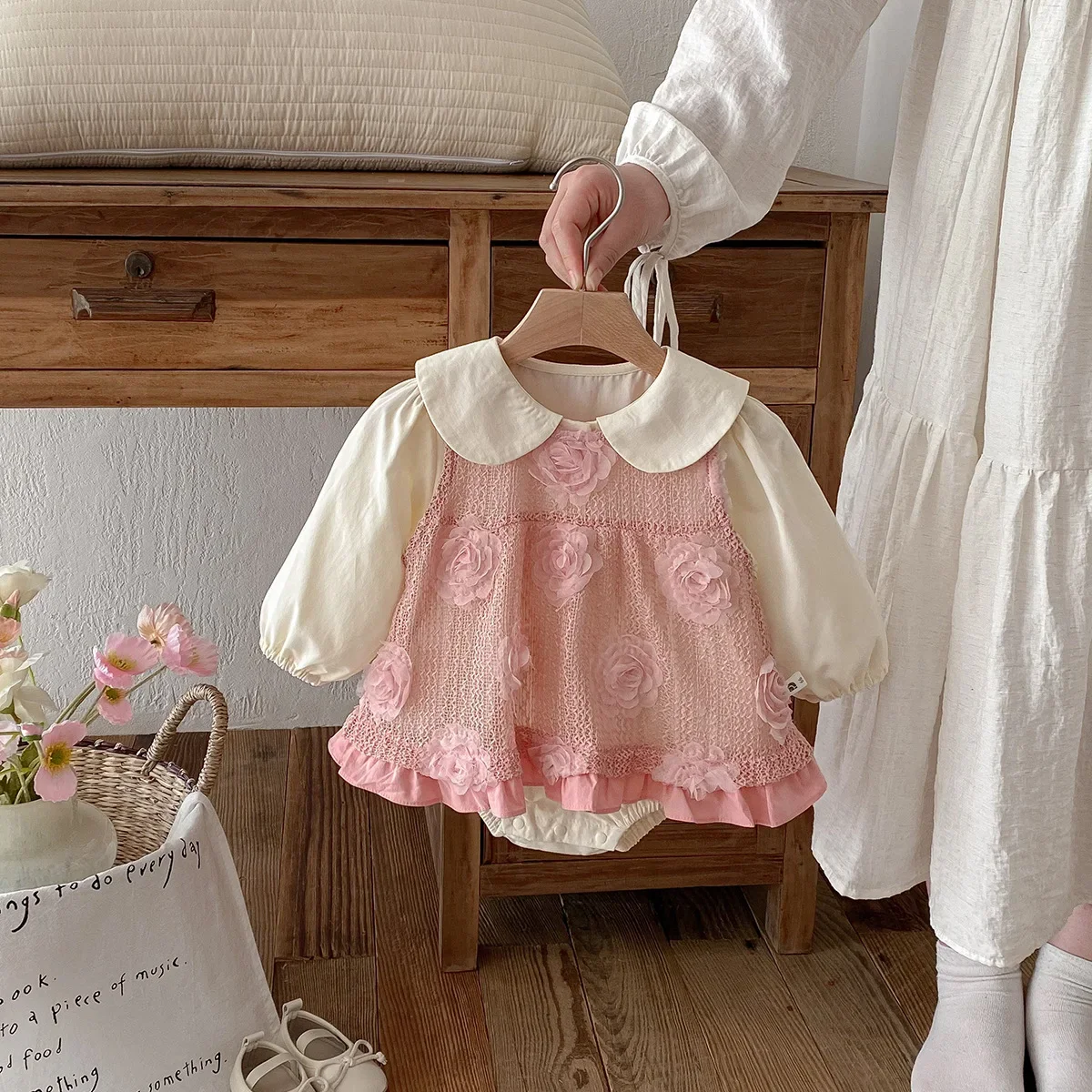 Baby Girl Clothes Spring and Autumn Baby Bag Clothes Long Sleeve Rose Two Piece Set Crawler Clothes Sweet and Cute Spring