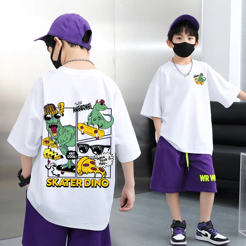 

Korean Children's Clothes 2025 Dinosaur Cartoon Graphics T-shirt Short Sleeve Cotton Tops Tees Kids Boys Clothing 10 To 14 Years