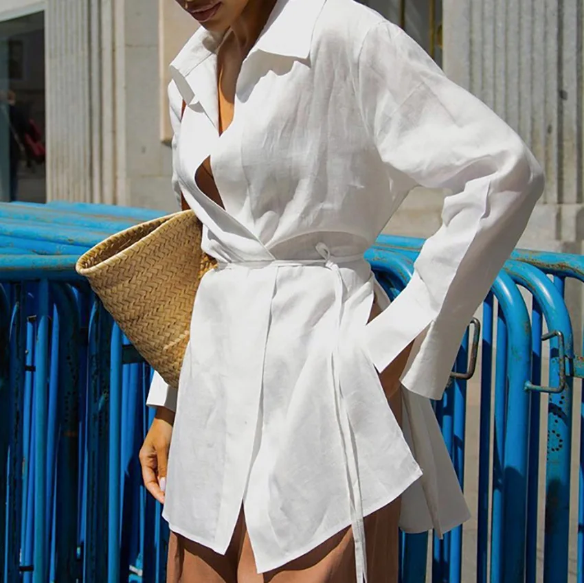 

Осенние белые рубашки с длинным рукавом для женщин, свободные повседневные топы с лацканами и поясом, блузки на одной пуговице, офисные женские рубашки