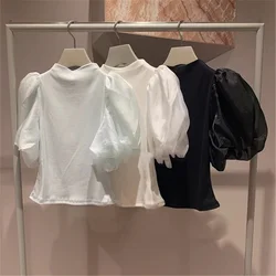 Kuzuwata Spring 2024 Elegant Bubble Sleeve Knitted Shirts Japan Half High Neck Solid Color Slim Blusas Splice All-match Camisas