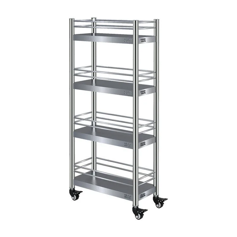 Rolling Storage Cart, 304 Stainless Steel 4-Sided Narrow Gap Rack for Kitchen Fridge Side, Space-Saving Shelving Organizer