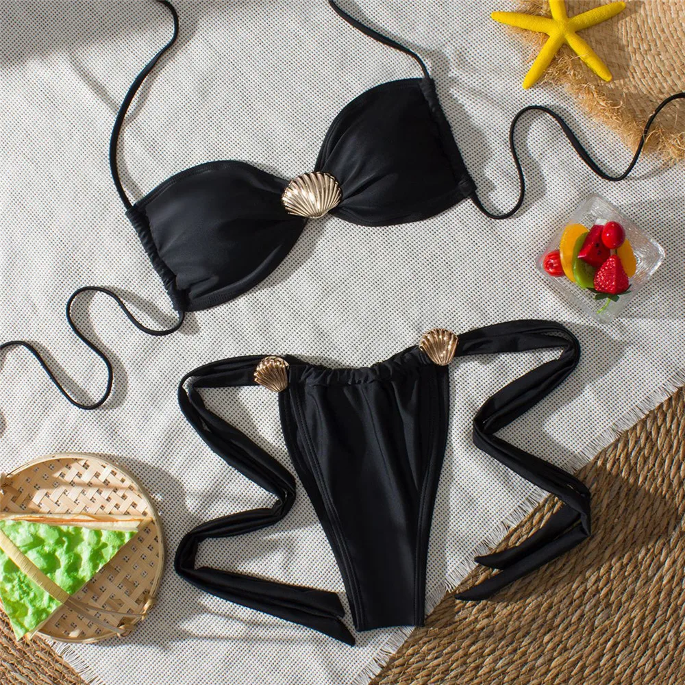 

Metal Shell Ornament Bandeau Bikinis Sets Micro Thong Sexy Swimsuit Women 2025 String Halter Swimwear Holiday Biquinis Bikini