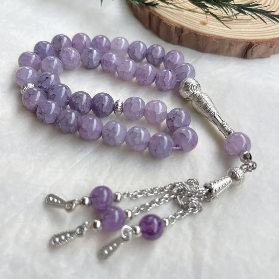 33 Beads 10mm Dragon Vein Stone Tasbih, Cracked Glass Prayer Beads for Ramadan Gift, Islamic Fashion Accessory - 4