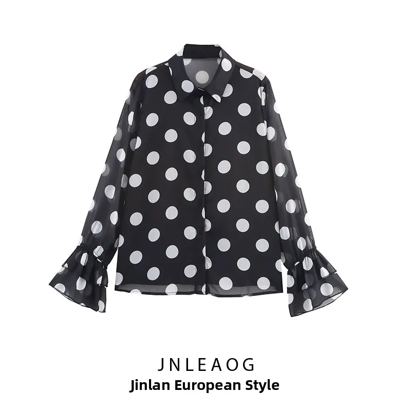 

Autumn New Polka Dot Print Long Sve Women's irt JNLEAOG Faion Design Chiffon Polyester Fiber A-Line Sve Blouse