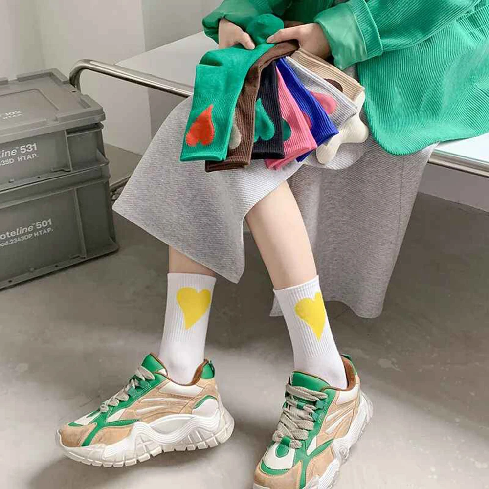 1 Pair Korean Style Women Socks Harajuku Cotton Love Heart Pattern Cute Girls Solid Sock Simple Female Breathable Mid Tube Socks