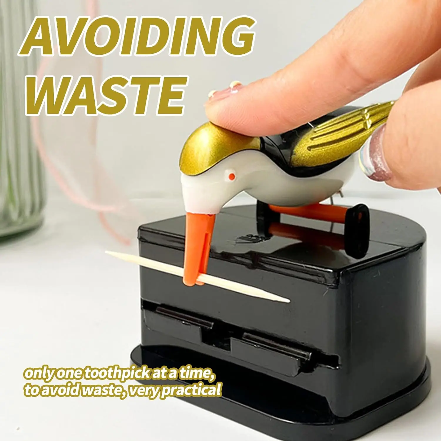 Hygienic Automatic Toothpick Box Golden Woodpecker Holder One Touch Dispenser for Kitchen Dining Table Home Restaurant Office