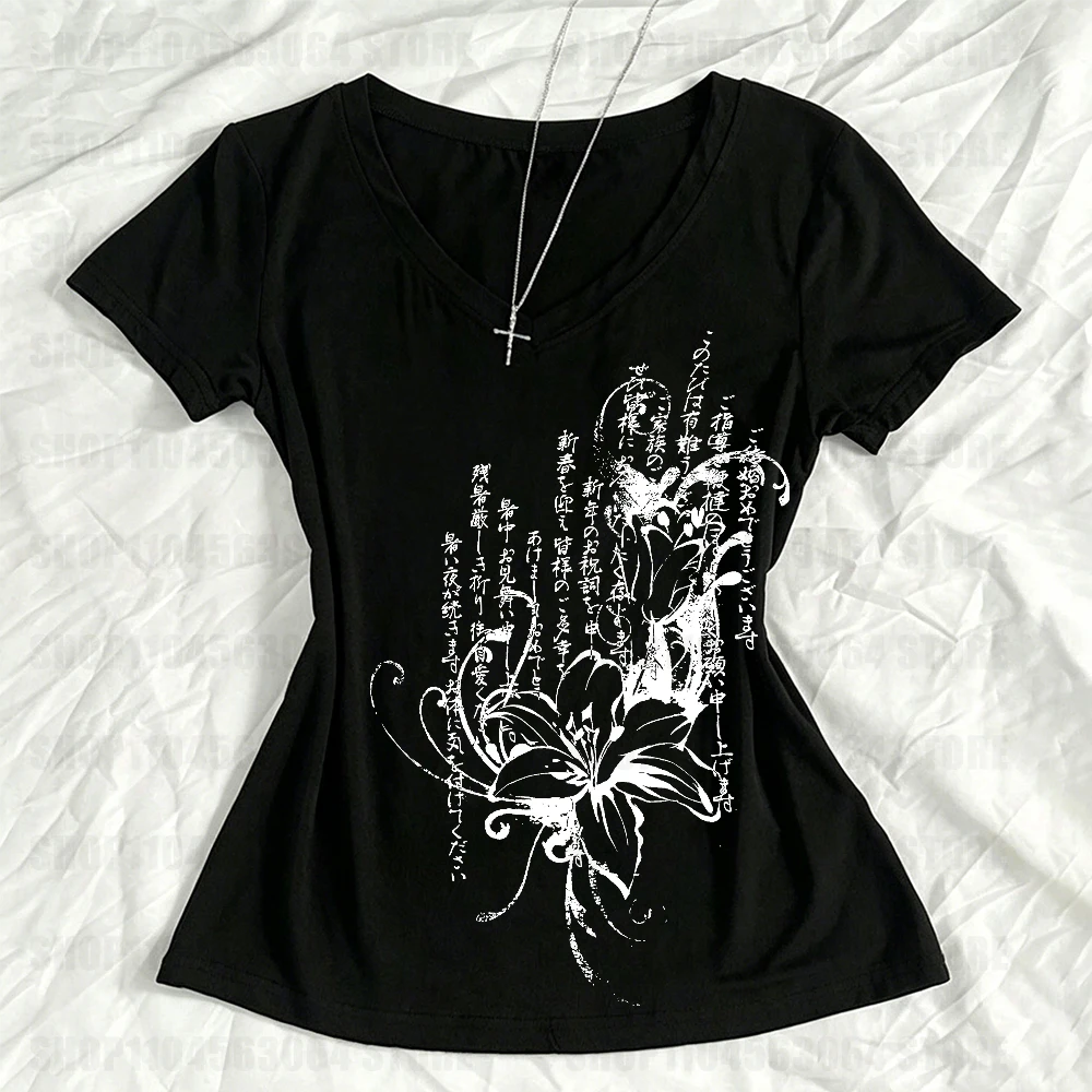 Women's Tee Shirt Summer Gothic Print T-Shirt Short Sleeve Slim Fit Graphic Tops 2000s Grunge E-girls Korean Style Streetwear