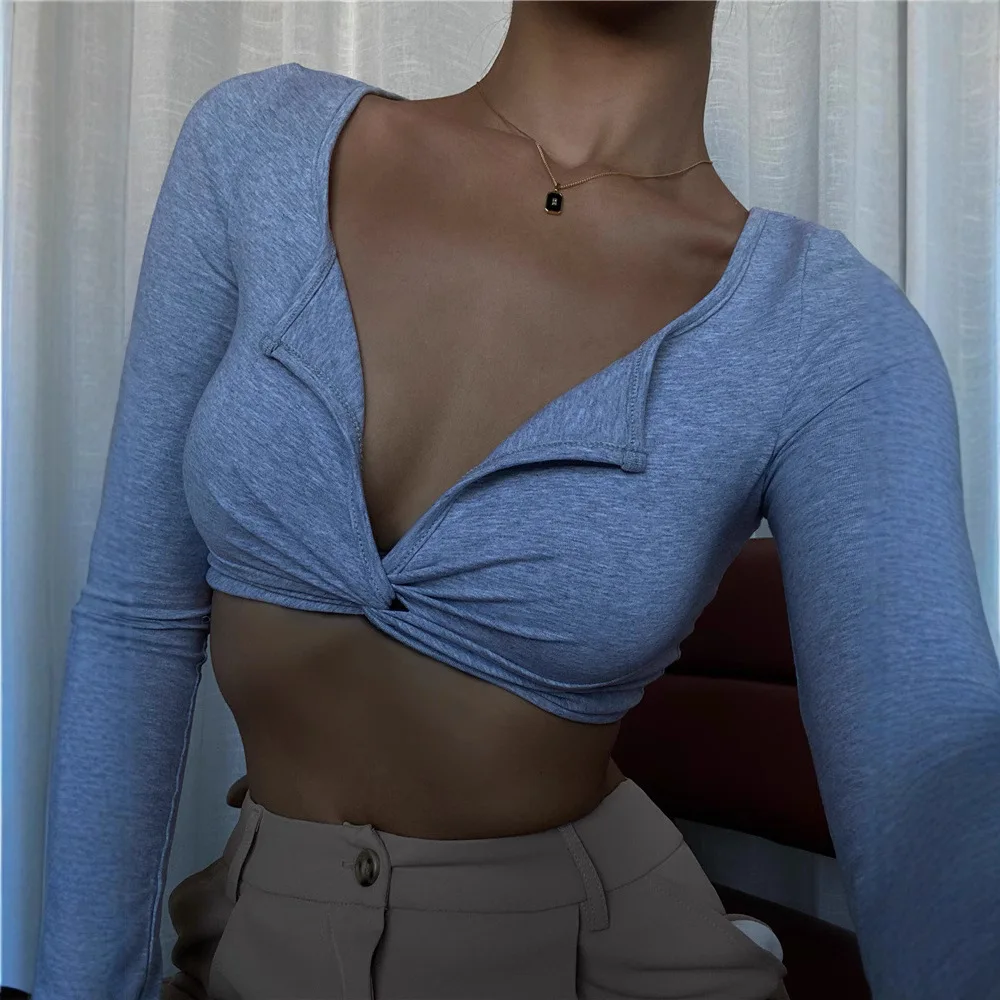 

2026 Spring Vintage V Neck Long Sleeve Top For Women Sexy Twist Front Ruched Slim Fit Cropped T Shirt Y2K Streetwear Going Tops