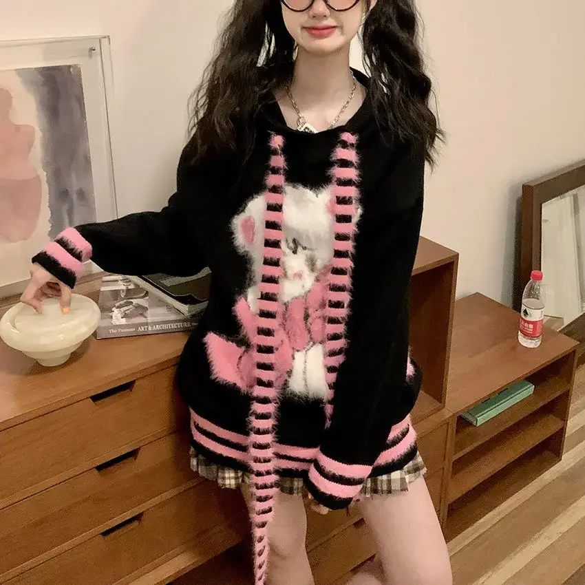 Korean Fashion Autumn Winter Cardigans Hooded Sweaters Jumper Cute Striped Color Blocked Rabbit Ear Jackets Sweater Mujer Tops