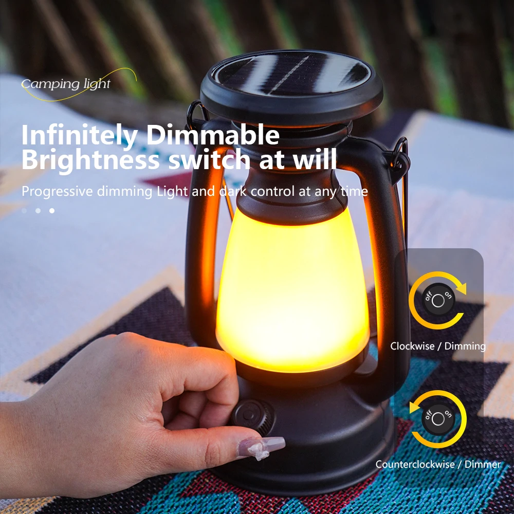 Lanternes de camping portables rechargeables par USB, lumière de tente de face, gradation continue avec charge solaire, 3000-5000K