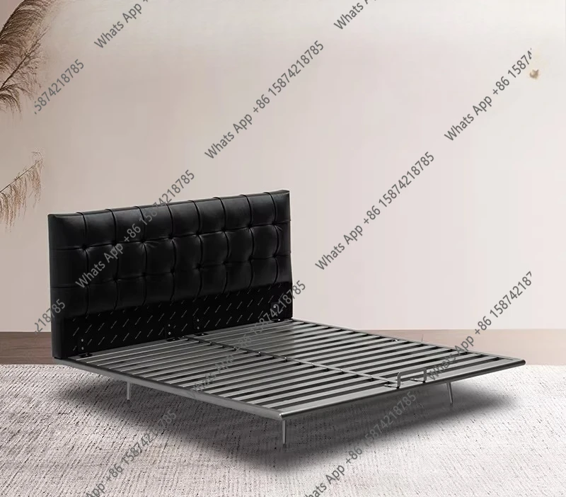

Italian minimalist flush edge floating bed waffle designer high-end black leather pull-point double bed