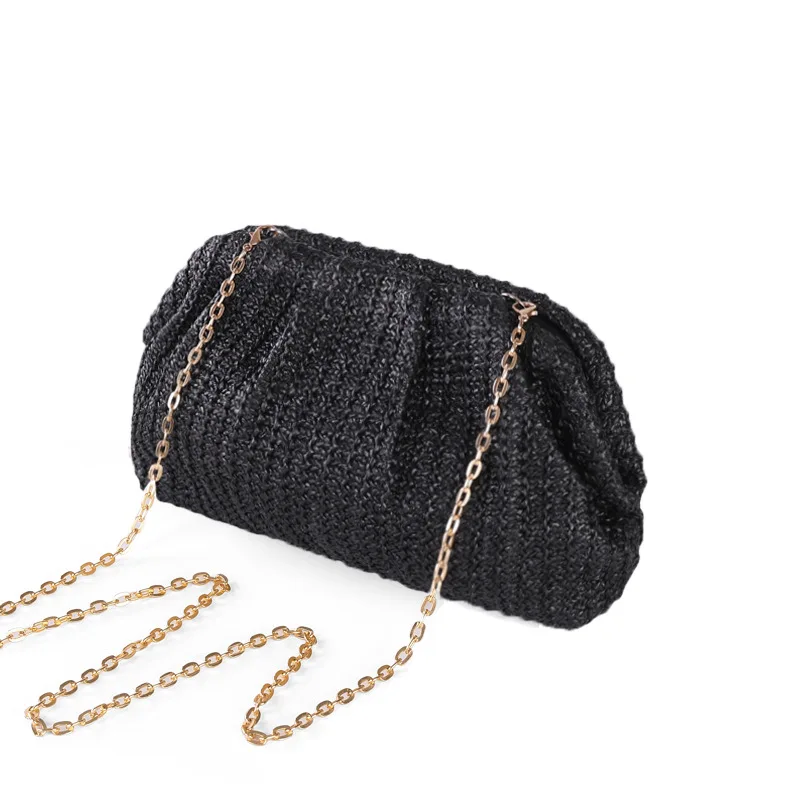 casual shell straw clutch bag for women chains shoulder crossbody bags summer beach bag small phone purses for party 2024