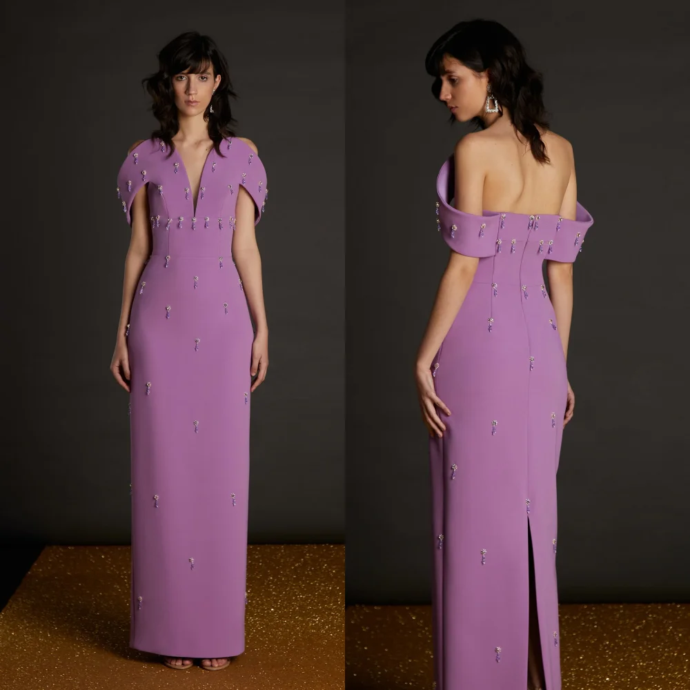 

Прямые длинные платья из джерси с блестками и открытыми плечами по индивидуальному заказу, шикарное фиолетовое вечернее платье, элегантное вечернее платье
