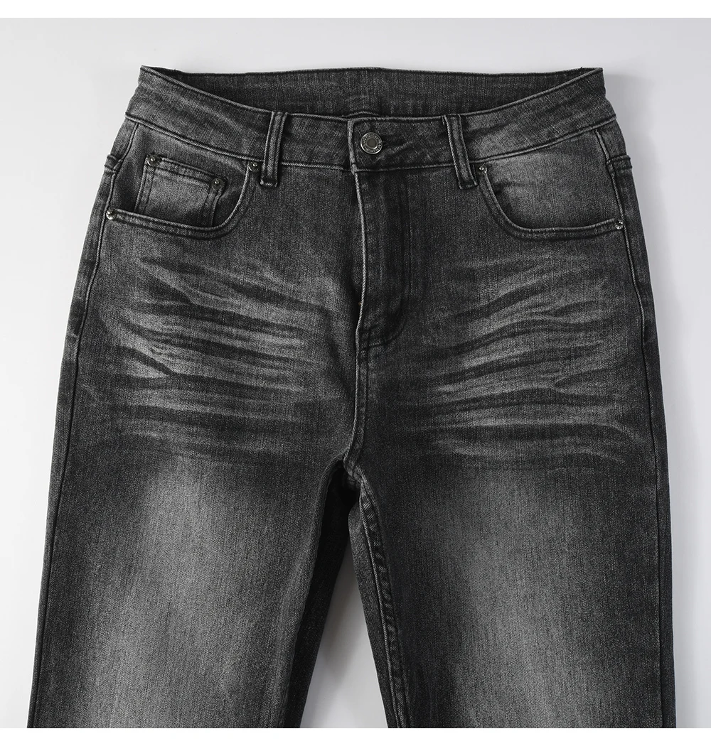 Herren Boot-Cut Denim-Jeans in Grau-Schwarz, Hochwertige Baumwollhose, Klassische Schlanke Stretch-Schlaghose – Detail 5