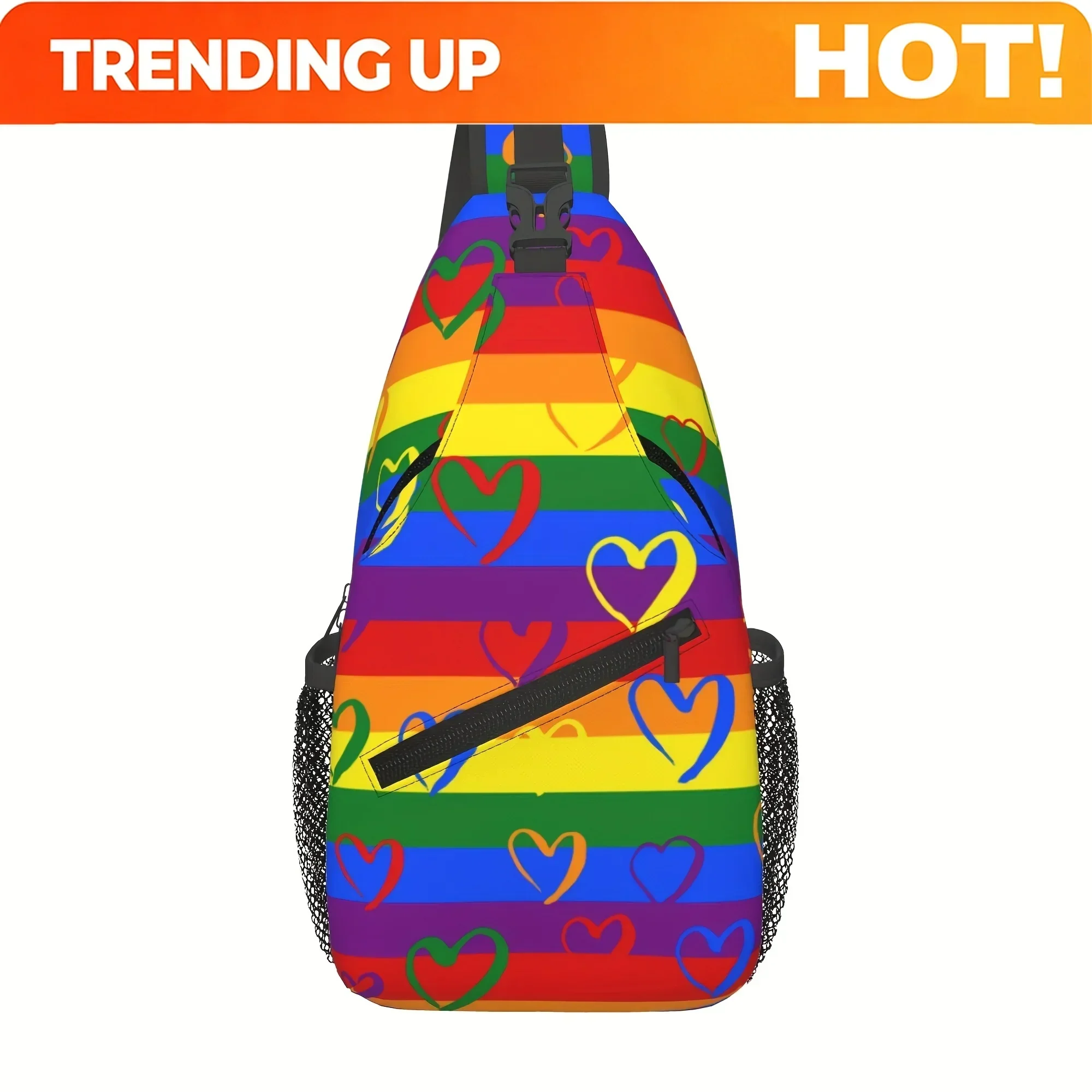 Custom LGBT Pride Flag Rainbow Heart Print Men's Convertible Chest Bag - Adjustable Crossbody Sling Bag With Zipper Closure, Dur