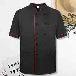 Uniforme de Chef Unisex, cuello levantado, manga corta, decoración de línea, bolsillo de parche de doble botonadura, Tops de uniforme de camarero de panadería de restaurante