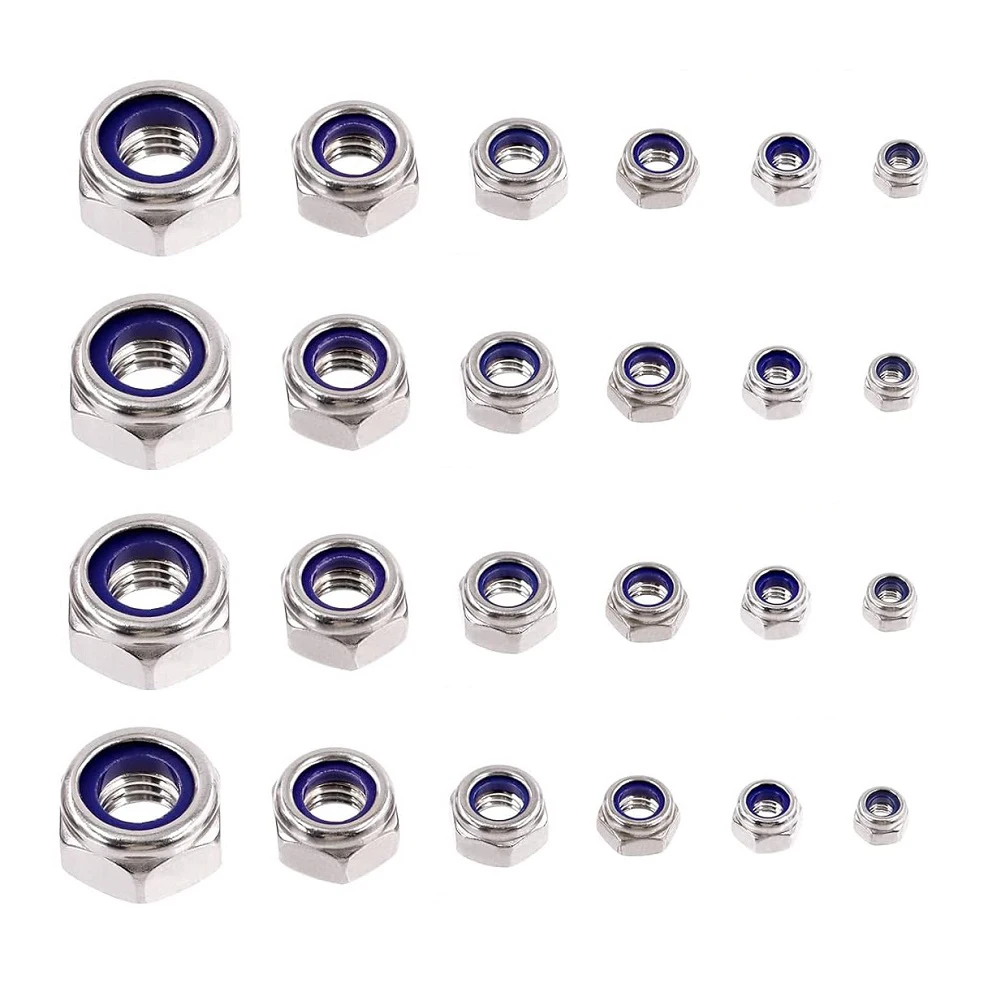 60pcs Stainless Steel Self-Locking Nut Kits Nylon Thread Insert Lock Hex Nuts For Folding Beds Wardrobes Miners Engines Workshop