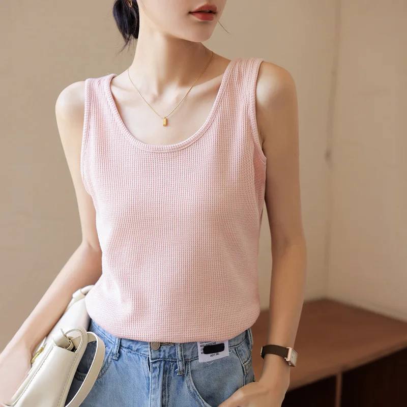 

Waffle Knit Tank Top Women Camisole 2023 Summer Casual Sleeveless Round Neck T Shirt for Woman Basic Top Korean Loose White Vest