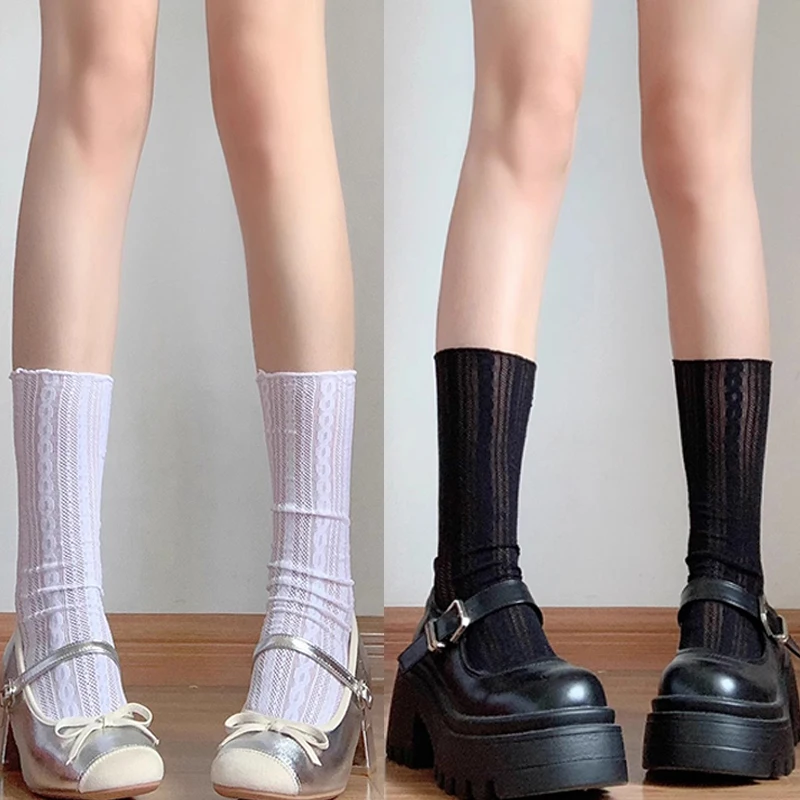 2 paia di calzini lunghi scavati in pizzo a rete da donna calzini femminili solidi retrò estivi sottili casuali di base per ragazze dolci