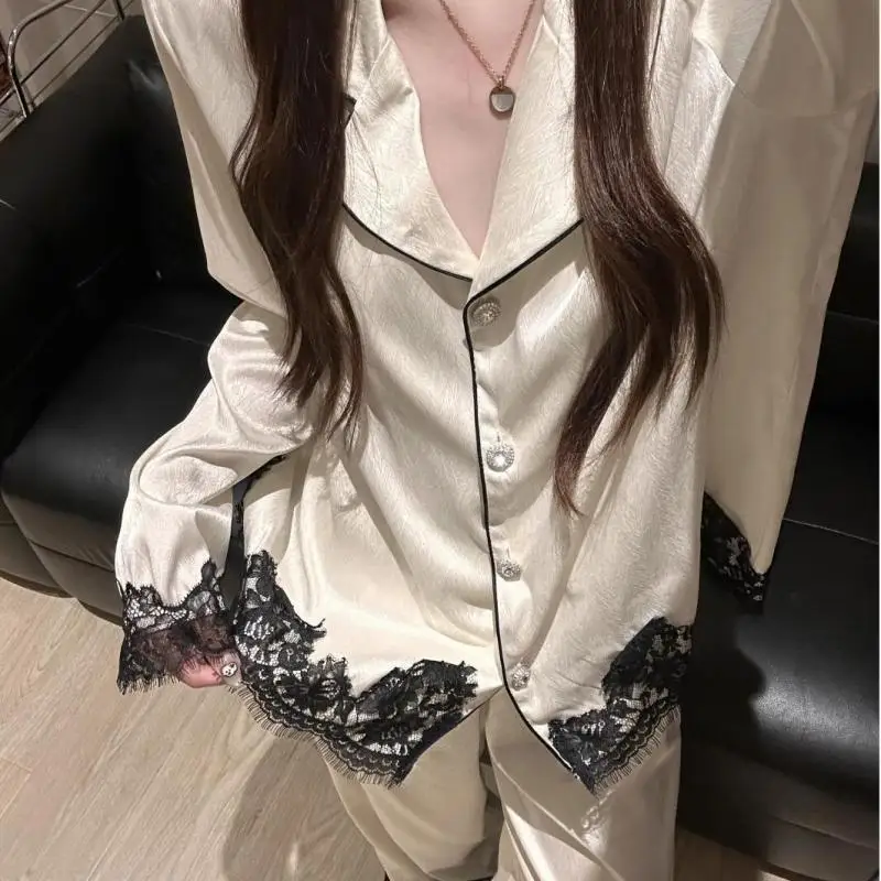 French Style Lace Pajamas Set Women Silk Satin Homewear Long Sleeves Lapel 2 Pcs Shirt&pants Soft Comfy Loungewear Sleepwear