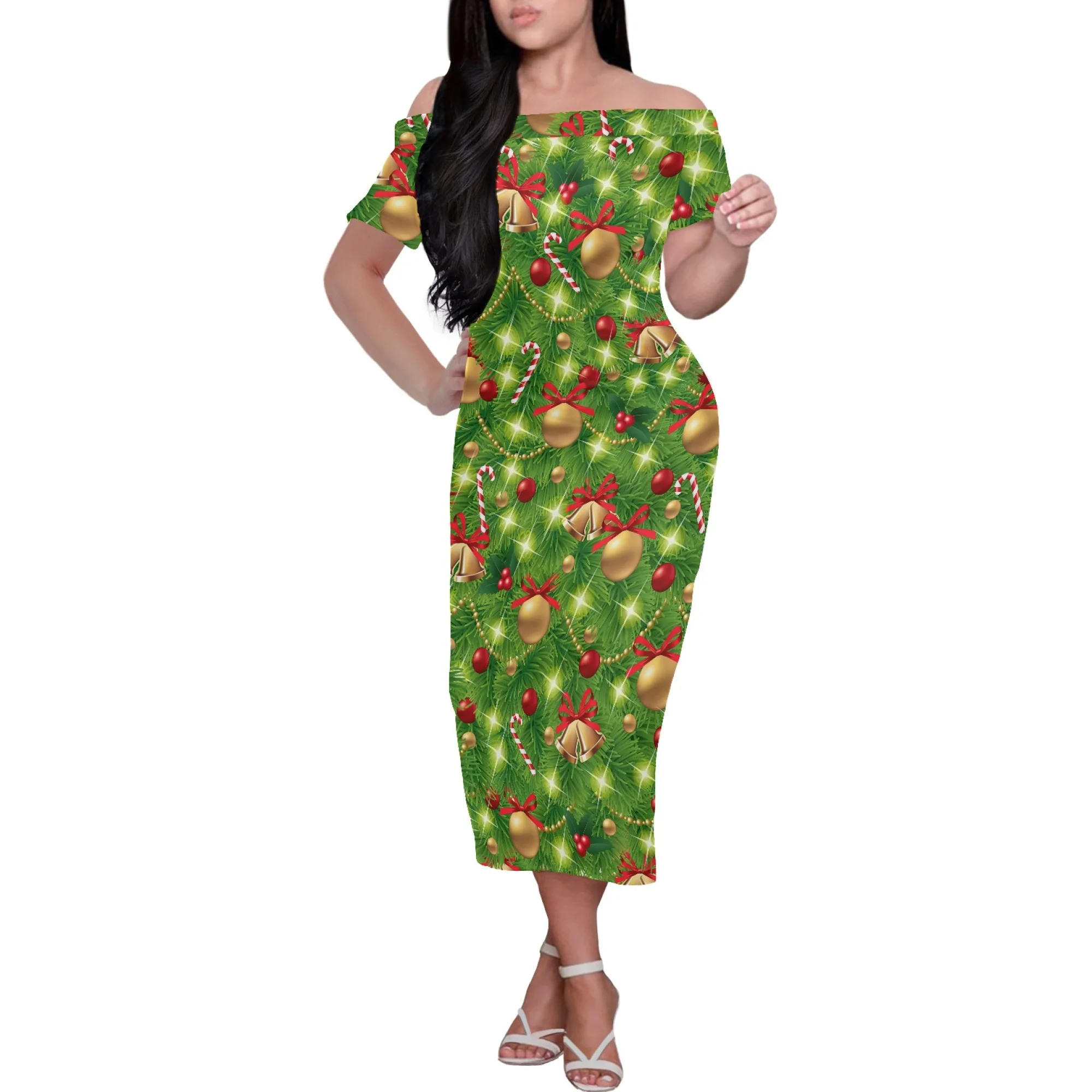 Green Polynesian Ladies Clothes Off Shoulder Dress Christmas Tree Deer Printing Design Cold Shoulder Dress Women Maxi Dress