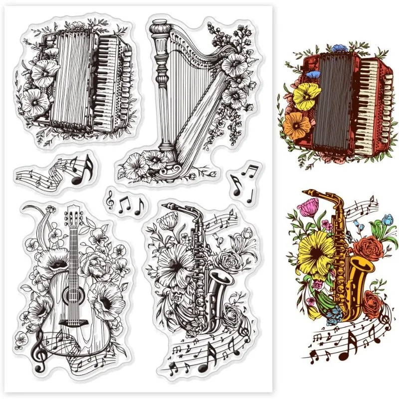 1pc Floral Musical Instruments Clear Stamps Mixed Shapes for DIY Scrapbooking Photo Album Decorative Cards Making 6.3x4.33inch