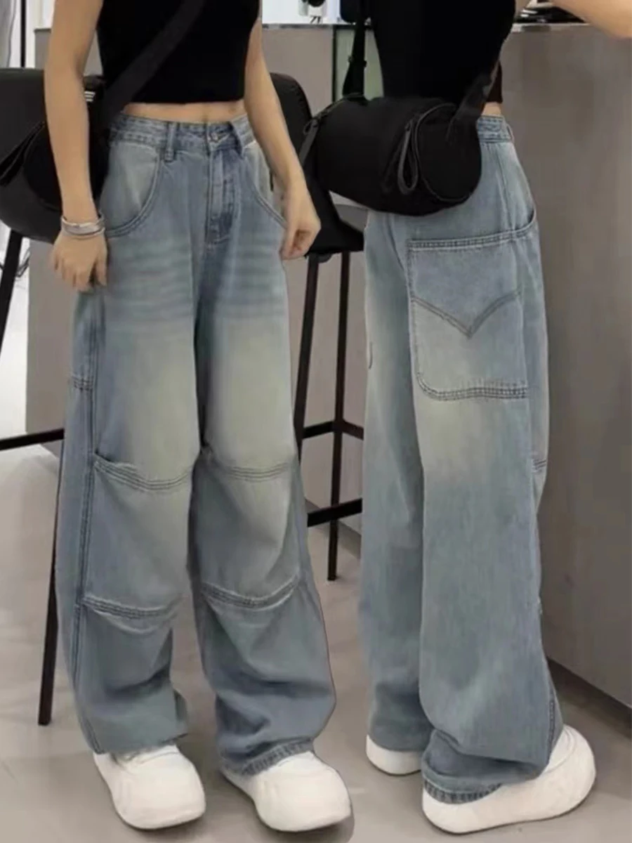 

2024 Blue High Waist Women Jeans Feeling Vintage Straight Casual Baggy Streetwear Y2K Wide Leg Female Trouser Denim Pants