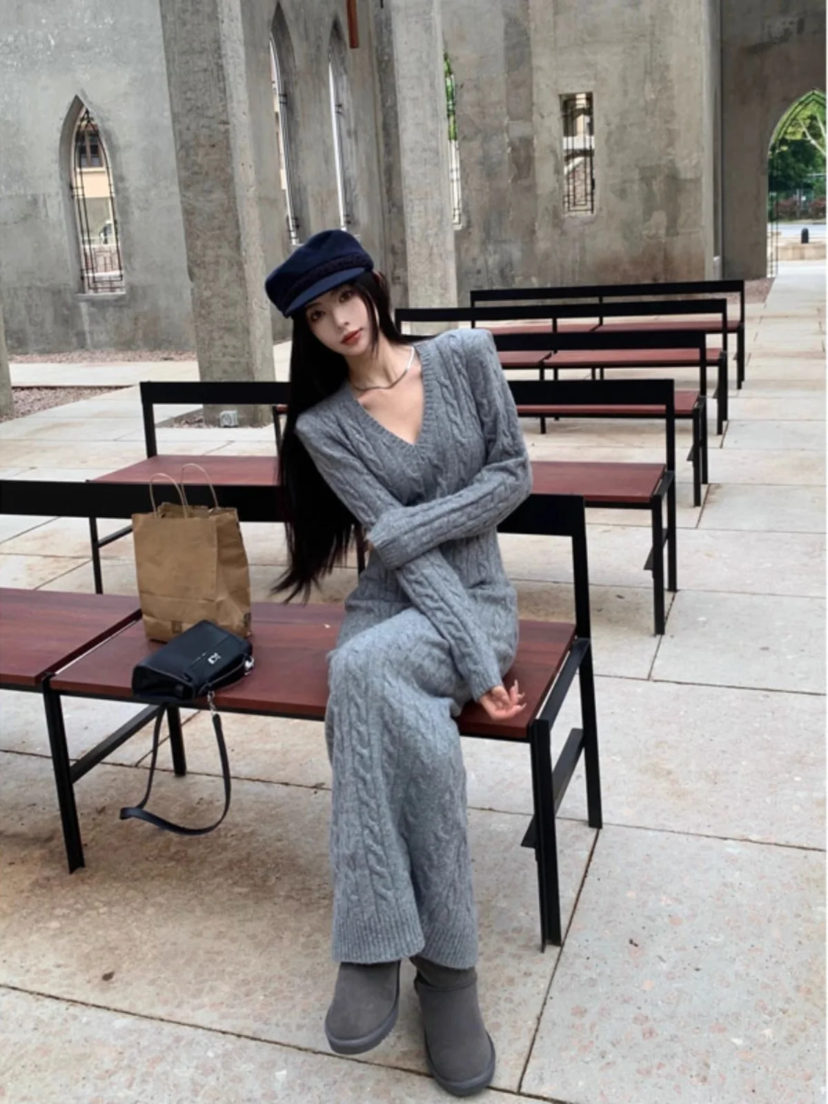 Ay tweed malha v-ne envoltório corpo dr feminino outono inverno longo tornozelo comprimento camada base camisola dr casual hepburn sle