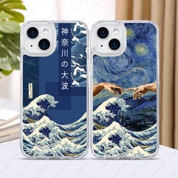2 in 1 PC+TPU Protective Case For iPhone 16 15 14 13 Pro max 16 Plus Shockproof Cover japanese waves Art
