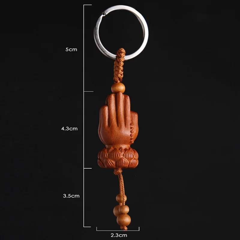 Peach Wood Palm Keychain Lotus Buddha Palm Keychains Vintage Key Chain Bag Pendant Charms Women Men Jewelry llaveros Wholesale