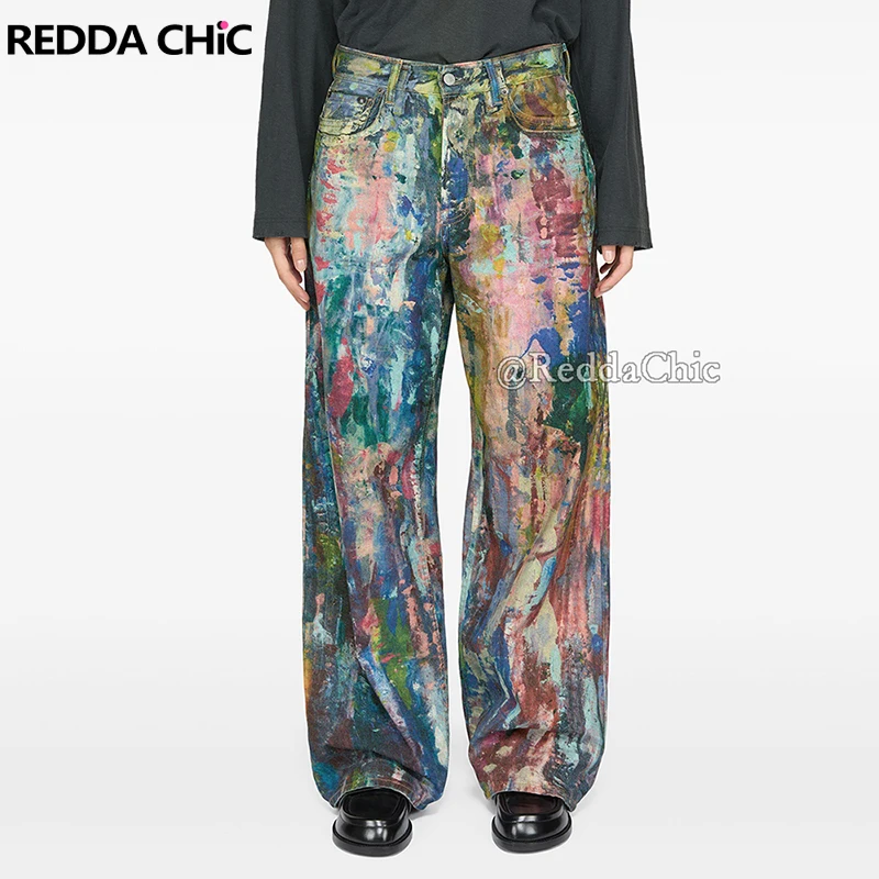 REDDACHiC Street Style Graffiti Jeans Men Distressed Rainbow Random Painting Pattern Straight Wide Leg Pants Hiphop Y2k Trousers